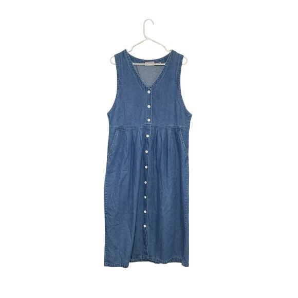 Premier International Dresses & Skirts - VTG 90s Denim Button-Front Midi Dress Cotton Sleeveless Sz Large V-Neck Teacher
